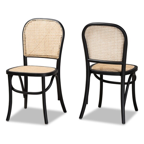 Cambree Mid-Century Brown Woven Rattan And Black Wood 2-Piece Cane Dining Chair Set PR